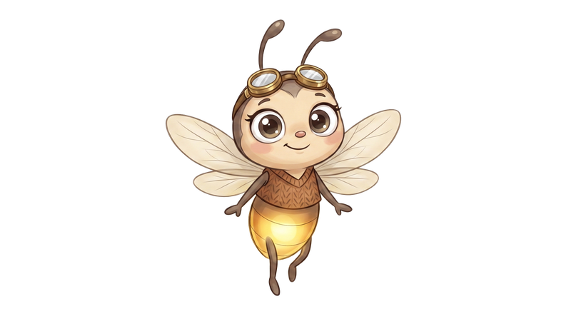 Mira the firefly with a glowing honey-gold belly and aviator goggles