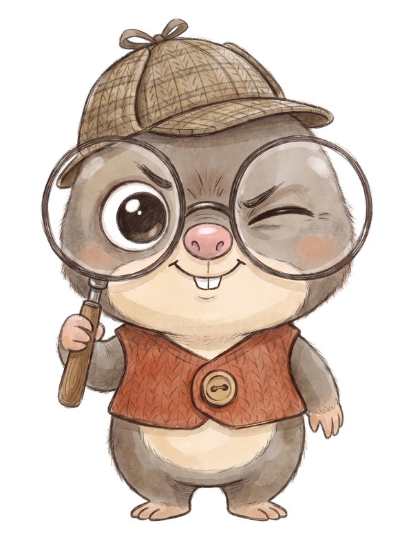 Otto the mole detective, with huge glasses, deerstalker hat and magnifying glass