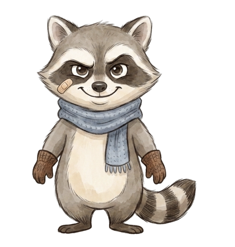 Rocco the raccoon with a sly smirk, fingerless gloves and a dusty-blue scarf