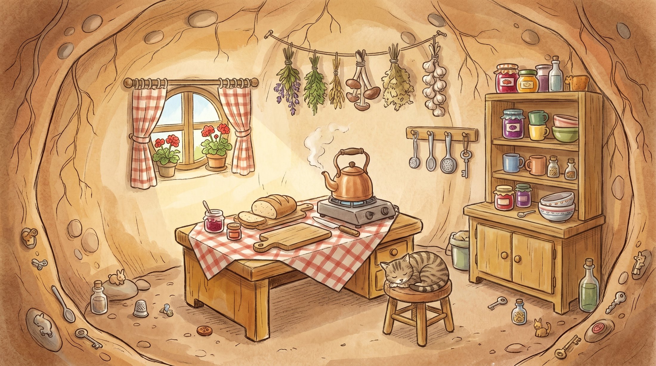 Otto's cozy burrow kitchen, full of small things to spot